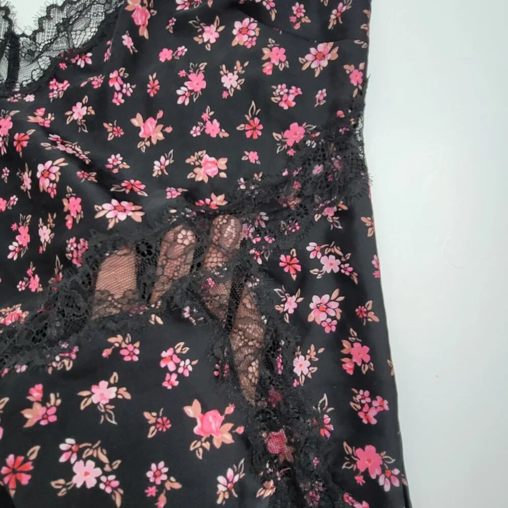 Victorias Secret Women Large‎ Black Pink Floral Lace Slip Gown Dress Nightie